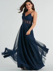 Navy tulle and lace corset ball dress wide