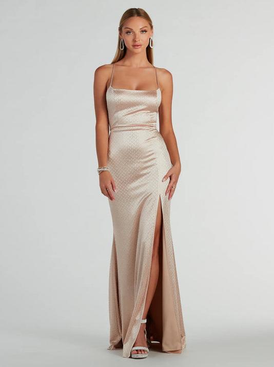 Gold jewelled strap up ball dress wide