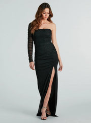 One shoulder sparkle evening ball dress wide