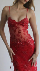 Sexy Red Lace Sequin Long Evening Prom Dress