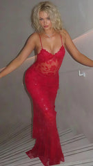 Sexy Red Lace Sequin Long Evening Prom Dress