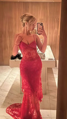 Sexy Red Lace Sequin Long Evening Prom Dress