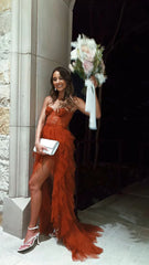 Rust Red Sweetheart High Low Tiered Formal Dress Tulle Long Evening Prom Dresses