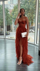 Rust Red Sweetheart High Low Tiered Formal Dress Tulle Long Evening Prom Dresses