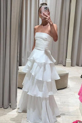 Strapless White Pleated Layers Long Prom Dress Sleeveless Evening Gown
