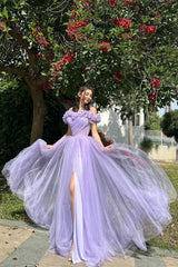 Lilac Tulle Evening Party Dresses A-Line Flowy Prom Dresses For Teens