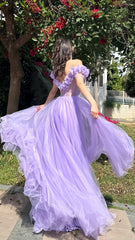 Lilac Tulle Evening Party Dresses A-Line Flowy Prom Dresses For Teens