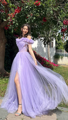 Lilac Tulle Evening Party Dresses A-Line Flowy Prom Dresses For Teens
