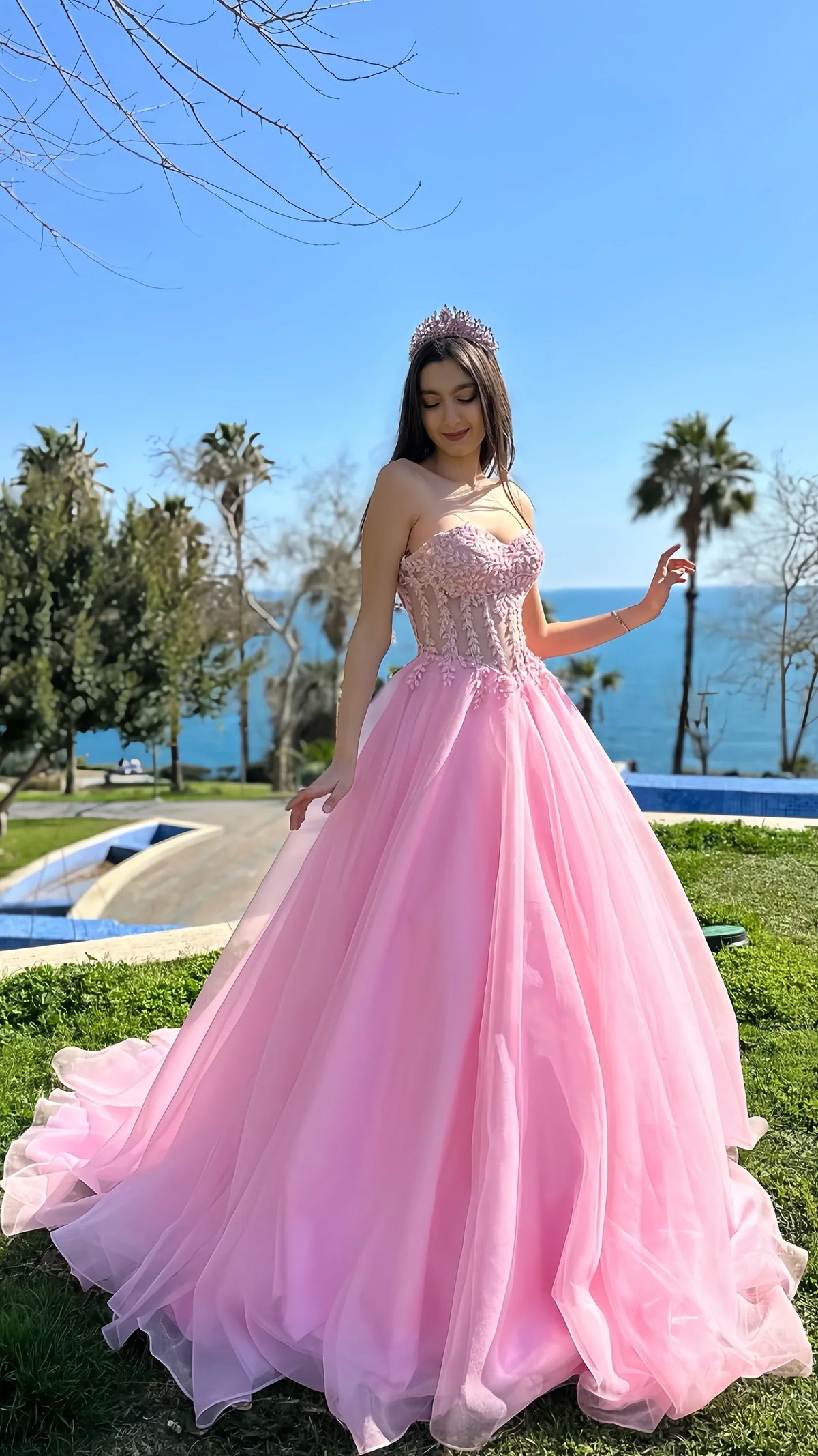 Pink Applique Evening Prom Dresses A-Line Slit Formal Gown