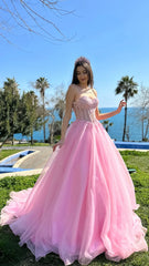 Pink Applique Evening Prom Dresses A-Line Slit Formal Gown