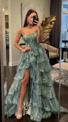 Green Applique Formal Prom Dress Long Evening Party Dresses