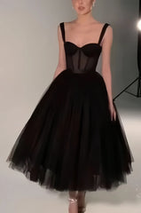 Black Midi Dress Tulle Prom Dress Black Formal Dresses A-line Evening Dresses