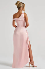 Lightweight Satin Maxi Dress Asymmetric Draped Neckline Ruched Waist Thigh-High Slit Bodice