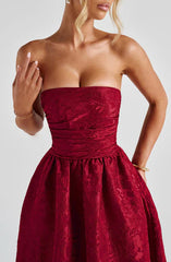 Floral Jacquard Pleated Bodice Midi Ball Gown