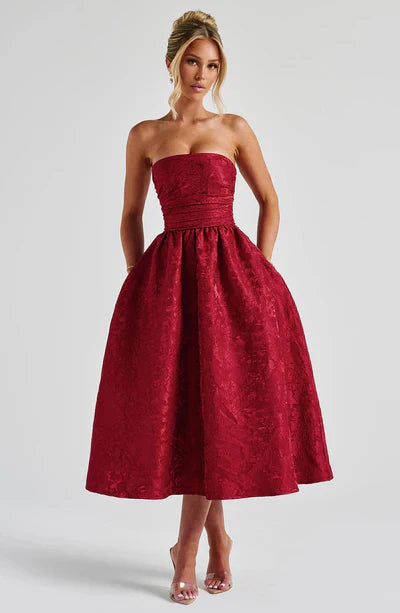 Floral Jacquard Pleated Bodice Midi Ball Gown