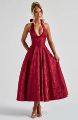 Tulle plunging halterneck and tie-back floral jacquard midi ball gown