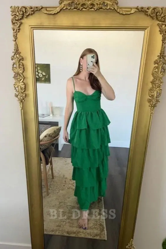 A-line Spaghetti Straps Green Tiered formal dresses Bridesmaid Dresses evening gown Prom Dress