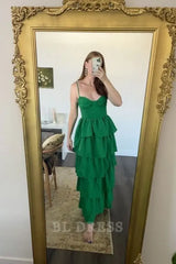 A-line Spaghetti Straps Green Tiered formal dresses Bridesmaid Dresses evening gown Prom Dress
