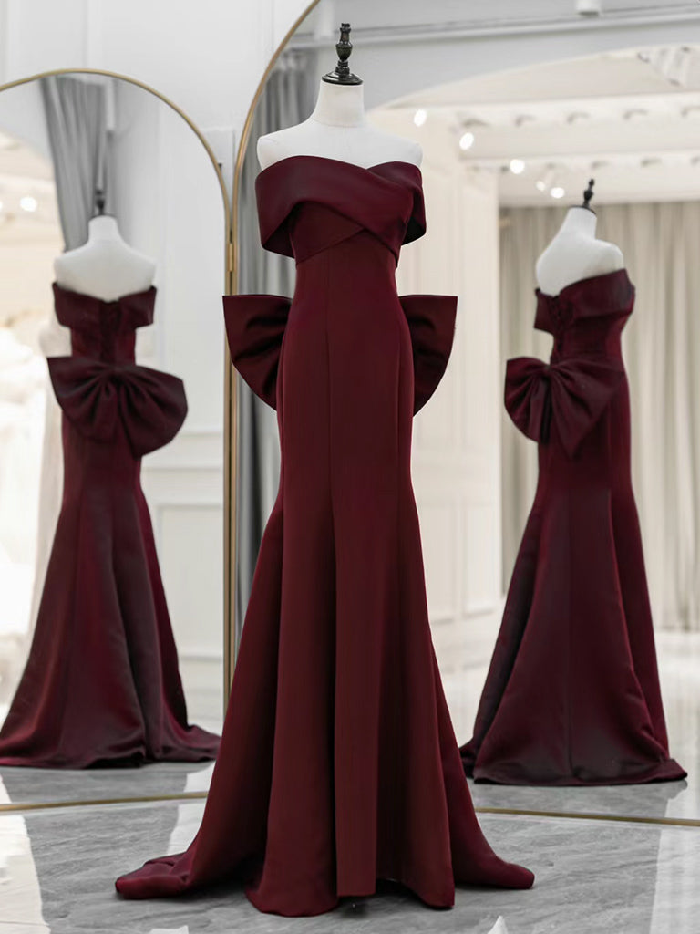 Simple Off Shoulder Satin Mermaid Burgundy Long Prom Dress, Burgundy Long Formal Dress