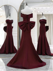 Simple Off Shoulder Satin Mermaid Burgundy Long Prom Dress, Burgundy Long Formal Dress