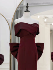 Simple Off Shoulder Satin Mermaid Burgundy Long Prom Dress, Burgundy Long Formal Dress
