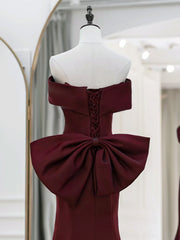 Simple Off Shoulder Satin Mermaid Burgundy Long Prom Dress, Burgundy Long Formal Dress