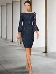 Two Piece  Mother of the Bride Dress Formal Wedding Guest Party Elegant Off Shoulder Knee Length Chiffon Lace Imitated Silk Sleeve with Bow(s)