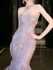 Pretty Mermaid Off The Shoulder Blue Tulle Silver Beads Long Prom Dresses Formal Evening Dress SD1498