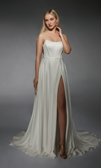 Perfect satin strapless A-line lace up vest tight corset slit wedding dresses