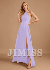 A-line high neck floor length chiffon bridesmaid dress