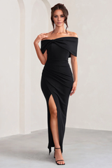 Off shoulder neckline with bow details thigh slit and floor length even dress - jimiss dress