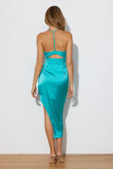 Jimiss A-line V-neck slim shoulder strap with exposed back and side slit long style Prom dress