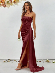 Mermaid asymmetrical neckline satin and floor length formal dresses