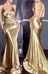 Aimishang Elegant Formal Dresses Spaghetti Straps Gold Long Prom Dress Mermaid Formal Evening Dress