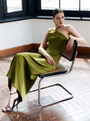 Asymmetric satin backless slim fit godons even dresses