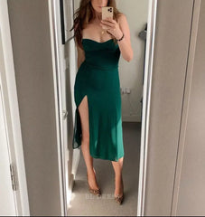 Sheath Elegant Spaghetti Straps Satin Green Slit formal dresses Bridesmaid Dresses evening gown Prom Dress
