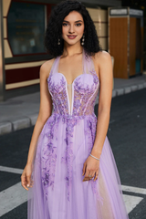 Gorgeous gray purple A-line hanging neck tight corset evening dress
