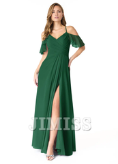 A-line V-neck pleated chiffon side slit and floor length bridesmaid dress - Jimiss Dress