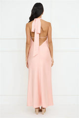 Jimiss halter neckline satin bow tie tie maxi prom dress
