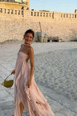 A Line Halter Neck Pink Long Chiffon Prom Dresses