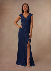 A-Line V-Neck Lace Dark Navy Mother of the Bride Dresses