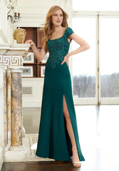 Square collar covered sleeves beaded lace decals on the body and floor length gowns evening dresses