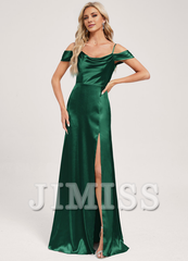 A-line off-the-shoulder floor-length satin bow ruffled bridesmaid dress