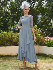 A-line princess transparent collar half sleeve long strap with decal mother of the bride dress