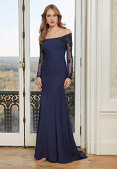 Off shoulder collar dreamy long sleeved crepe and floor length godons evening dresses