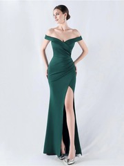 Off shoulder collar pleated hem split and floor length Prom Dress - LD Dress