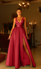Jimiss A-line deep V-neck off shoulder side slit and floor length evening dress
