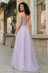 Purple A-line off shoulder lace sheer tight corset for evening dress