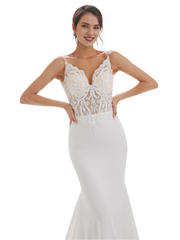 Thin shoulder strap fish tail ivory backless lace wedding dress