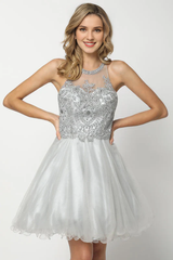 Lace applique short illusion hanging neck dress